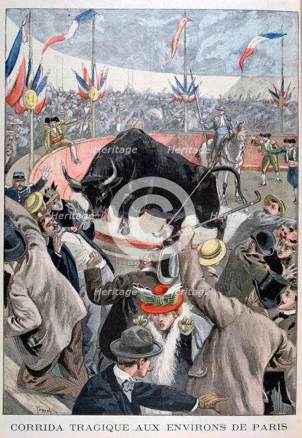 Tragic bullfight accident around Paris, 1899. Artist: Oswaldo Tofani