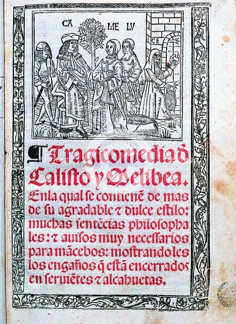 Tragicomedy of Calixto and Melibea by Fernando de Rojas, cover of the printed edition in Burgos i…