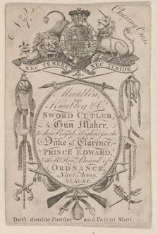 Trade Card Bearing the Name of the Late Gunmaker John Knubley (1750-1795), ca. 17..., ca. 1795-1804. Creator: Anon