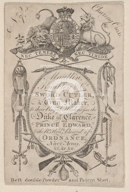 Trade Card Bearing the Name of the Late Gunmaker John Knubley (1750-1795), ca. 17..., ca. 1795-1804. Creator: Anon.