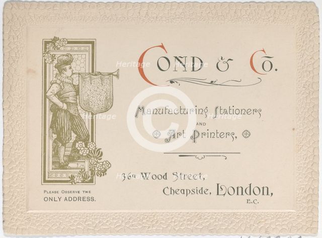 Trade Card for Cond & Co., Manufacturing Stationers and Art Printers, 19th century., 19th century. Creator: Anon.