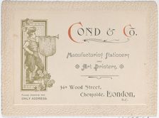 Trade Card for Cond & Co., Manufacturing Stationers and Art Printers, 19th century., 19th century. Creator: Anon