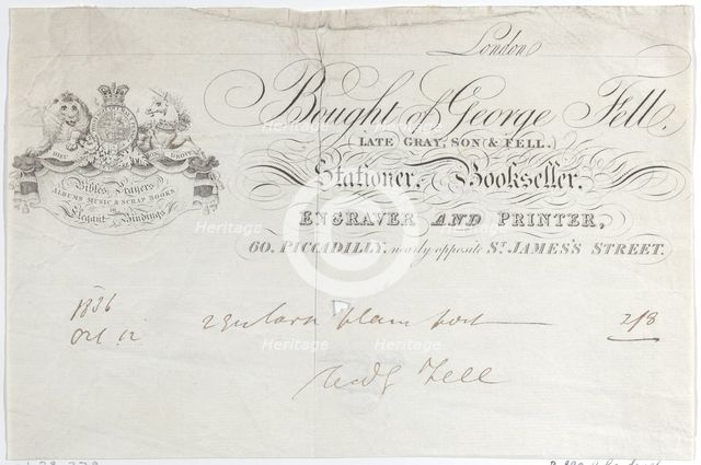 Trade Card for George Fell, Stationer, Bookseller, Engraver and Printer, 19th century., 19th century Creator: Anon.