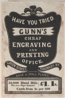 Trade Card for Gunn's Cheap Engraving and Printing Office, 19th century. Creator: Anon