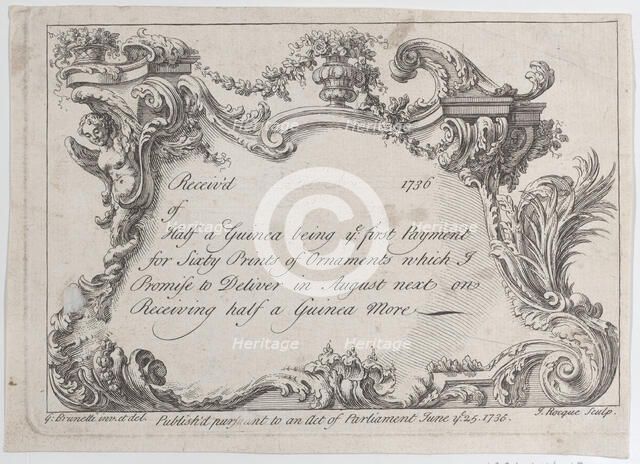 Trade card for Frazer, Army Printer, Stationer and Bookbinder, 1736. Creator: Jean La Rocque.
