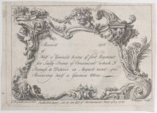 Trade card for Frazer, Army Printer, Stationer and Bookbinder, 1736. Creator: Jean La Rocque