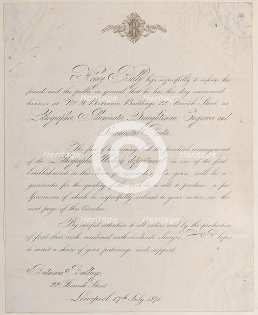 Trade card for Henry Rielly, lithographer, illuminator, draughtsman, engraver, and..., 19th century. Creator: Anon.