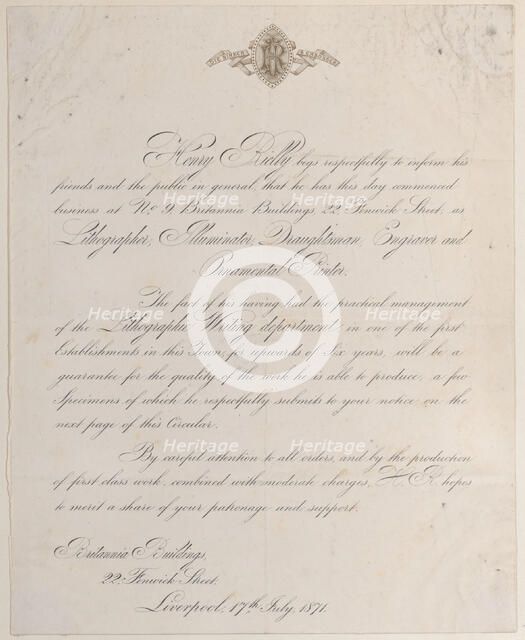 Trade card for Henry Rielly, lithographer, illuminator, draughtsman, engraver, and..., 19th century. Creator: Anon.
