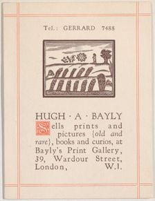 Trade card for Hugh A. Bayly, printseller, 19th century. Creator: Anon