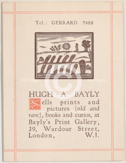 Trade card for Hugh A. Bayly, printseller, 19th century. Creator: Anon.
