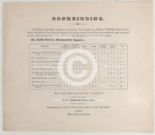 Trade card for J. Royle, bookbinder, 19th century. Creator: Anon.