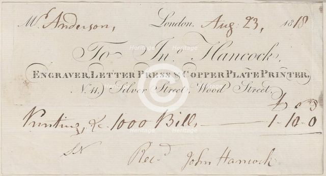 Trade Card for John Hancock, Engraver and Printer, 19th century. Creator: Anon.