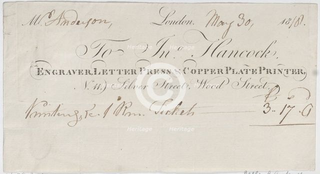 Trade Card for John Hancock, Engraver, Letter Press & Copper Plate Printer, 1818., 1818. Creator: Anon.