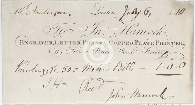 Trade Card for John Hancock, Engraver, Letter Press & Copper Plate Printer, 1818., 1818. Creator: Anon.