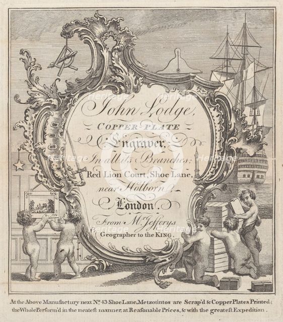 Trade Card for John Lodge, Copper Plate Engraver, 18th century. Creator: Anon.