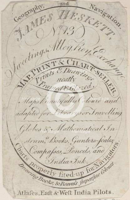 Trade Card for James Heskett, Map, Print, and Chart Seller, 19th century. Creator: Anon.