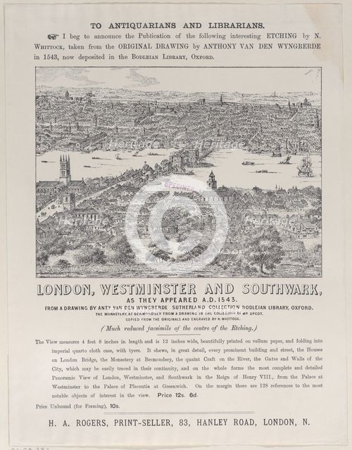Trade Card for London, Westminster and Southwark, as they appeared A.D. 1543, 19th..., 19th century. Creator: Nathaniel Whittock.