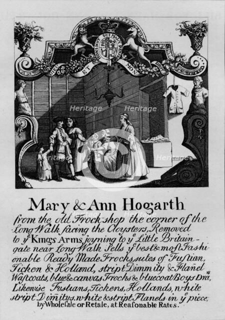 Trade card for Mary and Ann Hogarth's shop, 1807, (1827). Creator: Thomas Cook.