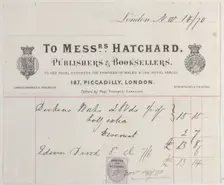 Trade card for Messrs. Hatchard, publishers and booksellers, 19th century. Creator: Anon