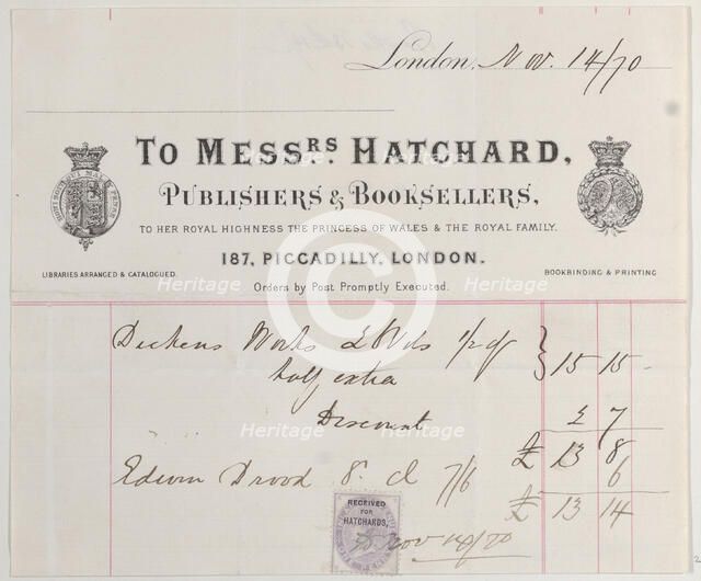 Trade card for Messrs. Hatchard, publishers and booksellers, 19th century. Creator: Anon.