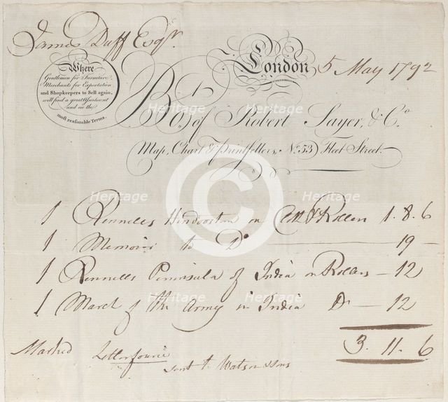 Trade Card for Robert Sayer & Co., Map, Chart and Printsellers, 19th century., 19th century. Creator: Anon.
