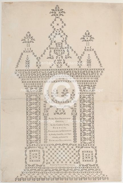 Trade Card for Richard Beatniffe, printer and bookseller, 1759-1818. Creator: Richard Beatniffe.