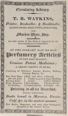 Trade Card for T. B. Watkins, Printer, Bookseller, & Bookbinder, 19th century. Creator: Anon