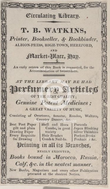 Trade Card for T. B. Watkins, Printer, Bookseller, & Bookbinder, 19th century. Creator: Anon.