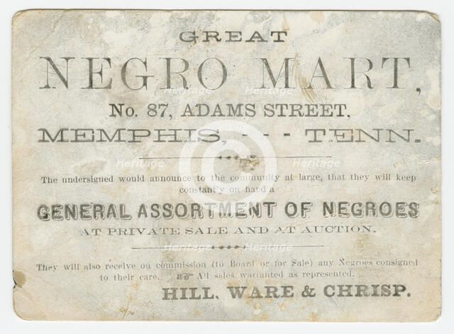 Trade card for the "Great Negro Mart" in Memphis, Tennessee, 1859-1860. Creator: Unknown.