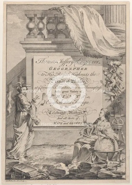 Trade Card for Thomas Jefferys, Engraver, Geographer, and Printseller, 18th century. Creator: Anthony Walker.