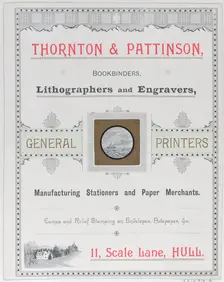 Trade Card for Thorton & Pattinson, Bookbinders, Lithographers and Engravers, 19th..., 19th century. Creator: Anon