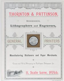 Trade Card for Thorton & Pattinson, Bookbinders, Lithographers and Engravers, 19th..., 19th century. Creator: Anon