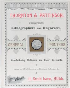 Trade Card for Thorton & Pattinson, Bookbinders, Lithographers and Engravers, 19th..., 19th century. Creator: Anon