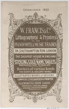 Trade Card for W. Francis & Co., Lithographers and Printers, 19th century., 19th century. Creator: Anon