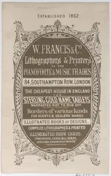 Trade Card for W. Francis & Co., Lithographers and Printers, 19th century., 19th century. Creator: Anon
