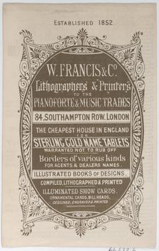 Trade Card for W. Francis & Co., Lithographers and Printers, 19th century., 19th century. Creator: Anon