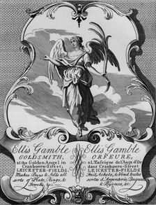 Trade card of goldsmith Ellis Gamble, 1720s, (1827). Creator: Thomas Cook