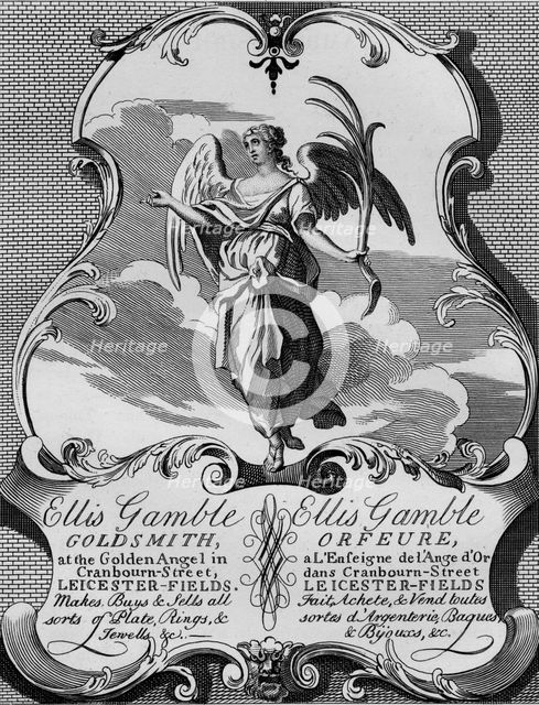 Trade card of goldsmith Ellis Gamble, 1720s, (1827). Creator: Thomas Cook.