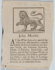 Trade Card of John Meader, Cabinets and Joyners Work, ca. 1690-1720. Creator: John Meader