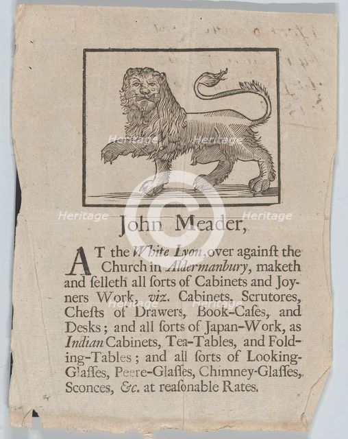 Trade Card of John Meader, Cabinets and Joyners Work, ca. 1690-1720. Creator: John Meader.
