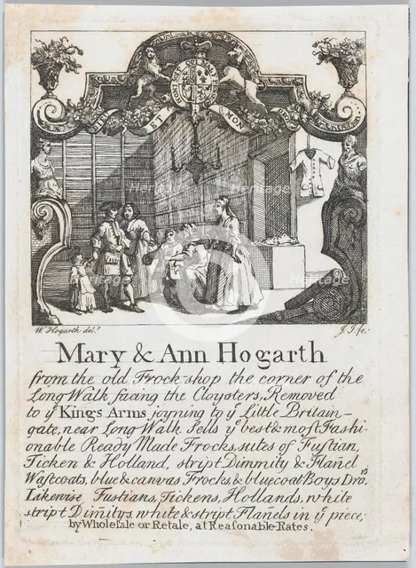 Trade card of Mary & Ann Hogarth, the old Frock Shop, ca. 1730., ca. 1730. Creator: William Hogarth.