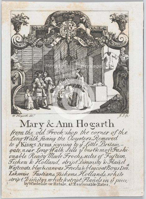 Trade card of Mary & Ann Hogarth, the old Frock Shop, ca. 1730., ca. 1730. Creator: William Hogarth.