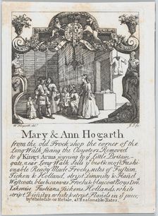 Trade card of Mary & Ann Hogarth, the old Frock Shop, ca. 1730., ca. 1730. Creator: William Hogarth