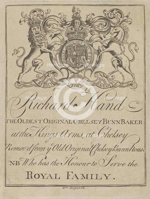 Trade Card of Richard Hand, The Oldest Original Chelsey Bunn Baker, 1718., 1718. Creator: William Hogarth.