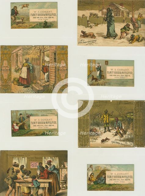 Trade cards depicting a cat playing the fiddle, a cow jumping over the moon..., ca,1876 - 1890. Creator: Unknown.