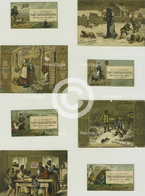 Trade cards depicting a cat playing the fiddle, a cow jumping over the moon..., ca,1876 - 1890. Creator: Unknown.