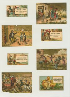 Trade cards depicting a hatching chick, a knight, balloons, swimming, fishing from..., c1876-c1890. Creator: Unknown