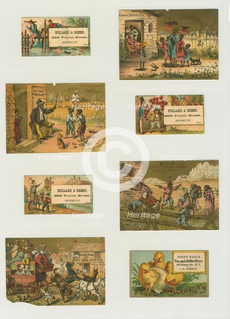 Trade cards depicting a hatching chick, a knight, balloons, swimming, fishing from..., c1876-c1890. Creator: Unknown.