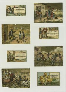 Trade cards depicting a hatching chick, a knight, balloons, swimming, fishing from..., c1876-c1890. Creator: Unknown