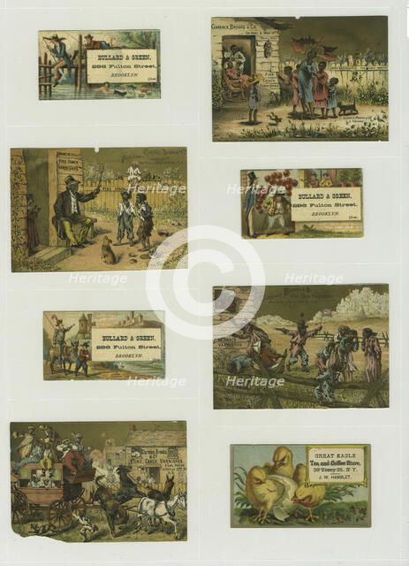 Trade cards depicting a hatching chick, a knight, balloons, swimming, fishing from..., c1876-c1890. Creator: Unknown.